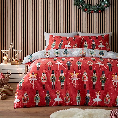 Fusion Nutcracker & Ballerina Christmas Duvet Cover Set – Single Bed Size 135x200cm – Red/Grey Reversible Bedding – Festive Nutcracker Soldier & Ballet Design – 1 Pillowcase Included