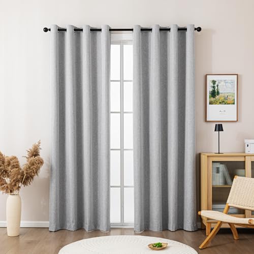 Sonive 100% Blackout Curtains Grey 2Pcs Linen Blackout Curtains L250×W145cm