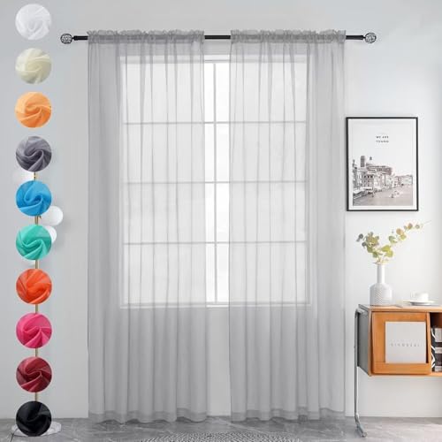 youleyar Solid Sheer Rod Pocket Curtain Voile Draperies 2 Panels White Beige Black Grey Ivory 52 Inch Width 45 Inch Long 1 Pair for Kitchen Bedroom Children Living Room Yard (Silver Grey,52W???45L)