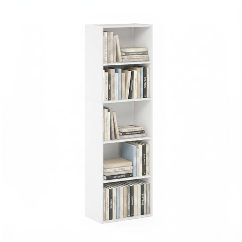 Furinno PASIR Book Shelf, 5-Tier Modern Bookshelf, Open Shelves Bookcase 9 x 12 x 52, for Living Room, Bedroom, Home Office, White