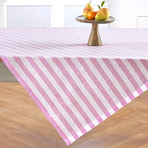 Solino Home 100% Pure Linen Table Cloth, Throw, 52 x 52 in, Rose Striped - Sorrento Stripe Linen Tablecloth a neat topper for bistro, card and side tables - Chateau Rose and White - OEKO-TEX Certified