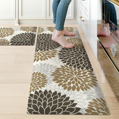 KIMODE Anti Fatigue Kitchen Mats for Floor,Farmhouse Floral Kitchen Rugs Sets of 2 Non Slip,Waterproof Padded Memory Foam Kitchen Floor Mat for Laundry Sink Home Office,Brown/White