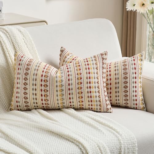 FUTEI Pack of 2 Boho Throw Pillow Covers 12x20 Inch, Brown Red - Double-Sided Chenille Woven Jacquard,Hidden Zipper,Machine Washable,Pilling-Resistant,Colorfast,Insert Not Included.