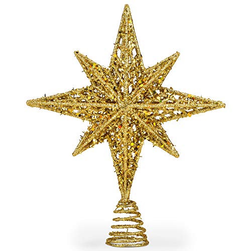 NorthPoleXpress 8 Inch Gold Glitter Star Bethlehem Christmas Tree Topper - Christmas Star Tree Topper - Rustic Tree Toppers - 3-6 ft Trees