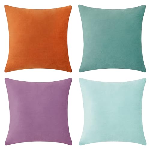 MONDAY MOOSE Decorative Throw Pillow Covers Cushion Cases, Set of 4 Soft Velvet Modern Designs, Mix and Match for Home Decor, Pillow Inserts Not Included (18x18 inch, Purple/Teal)
