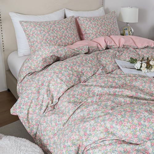 HoneiLife Floral Duvet Cover King - 100% Cotton Comforter Cover, Soft & Breathable Bedding Duvet Cover Sets with Zipper Closure & Corner Ties,3-PC Wildflower Comforter Cover Sets, Rose