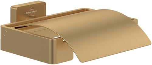 Villeroy & Boch Elements - Striking toilet roll holder with cover, for wall installation, brass, square toilet paper holder, Brushed Gold