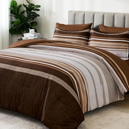 Dobuyly Fall Brown Comforter Queen Size 7 Pieces, Boho Striped Bed in a Bag Set, Soft Microfiber Fall Bedding Set with Comforter, Sheets, Pillowcases & Shams