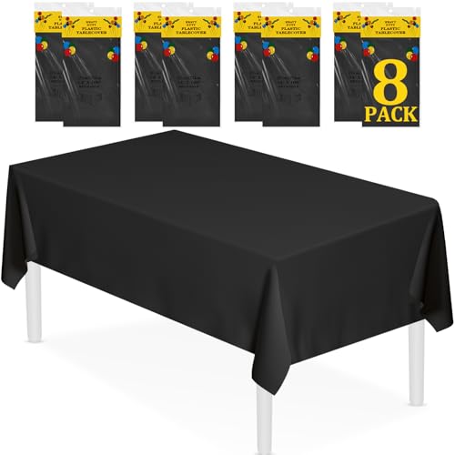 "XSEINO 8 Pack 54"" x 108"" Premium Black Plastic Table Cloth,Disposable Rectangle Tablecloths Waterproof Table Cover for Birthday Wedding Anniversary Graduation Party Decorations Supplies"