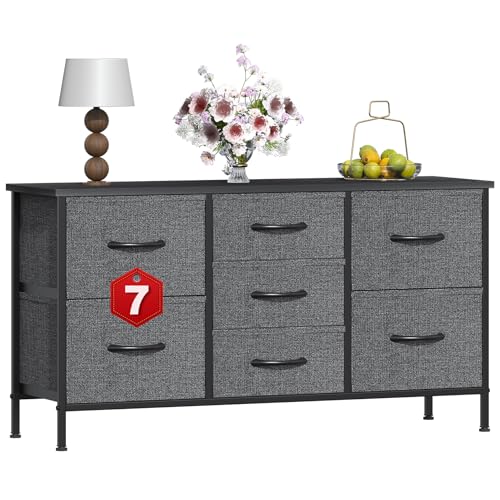 GoaHi Chest of Drawers, Small Dressers with Metal Frame and MDF Wooden Top Board, Adjustable Feet, Anti-Tip Safety, Storage Unit with 7 Drawers for Bedroom, Living Room, Closet, Office Deep Gray