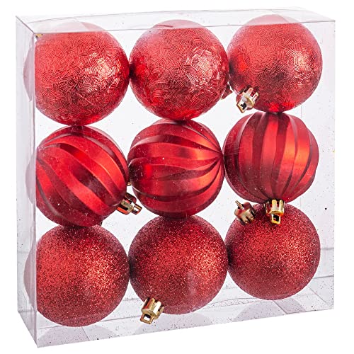 UNIMASA Set of 9 Baubles 60 mm Red with Different Textures Adds Elegant Shine to Your Christmas Decoration, Multi-Colour, Not Applicable