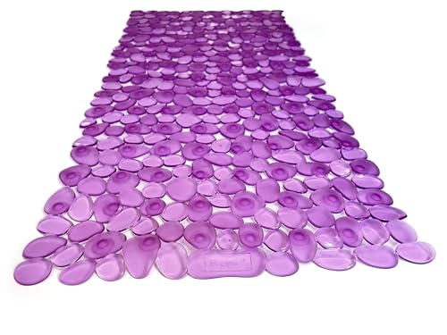 TIKE SMART ???Pebbles??? Non-Slip Bathtub/Shower Mat 27.5???x14??? Rectangular, Non-Toxic, Safe, Clean, Machine-Washable, Superior Grip & Drainage, Vinyl, for Smooth Floors ONLY, Transparent Purple