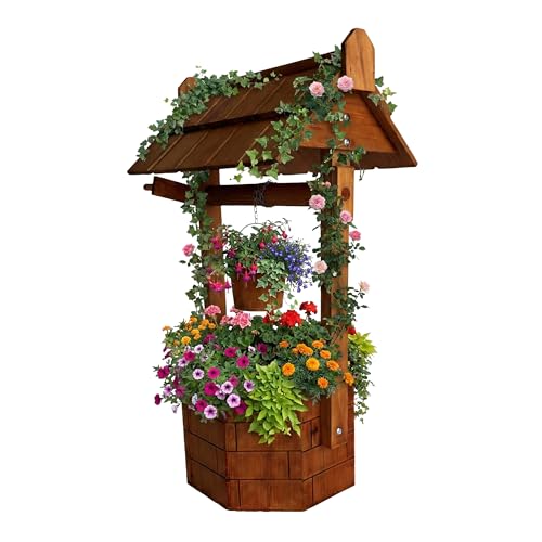 Relaxdays decorative garden fountain with brick effect, bucket & crank, pine wood, orange, 75 x 43 x 31 cm