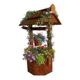 Relaxdays decorative garden fountain with brick effect, bucket & crank, pine wood, orange, 75 x 43 x 31 cm