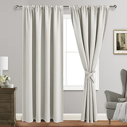 JIUZHEN Blackout Curtains for Bedroom - Thermal Insulated Room Darkening Noise Reducing, 52 x 84 Inch Length Curtains for Living Room, Set of 2 Panels with Tiebacks,Ivory