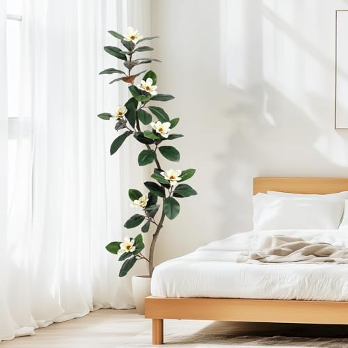 GarveeHome Artificial Magnolia Tree - 180 cm High Artificial Plant in White Planter - Large Artificial Plants with 7 Magnolia Flowers for Home, Office and Living Room Decoration
