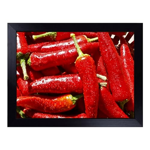 Lap Tray with Bean Bag Cushion, Red Chilli Peppers - Handmade in the UK, Raised Wooden Edge, Padded Cushion, Heat-Resistant Wipe-Clean Surface, for Meals, Laptops and Crafts