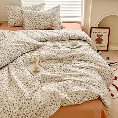 MOTNTD Aesthetic Floral Duvet Cover Full Cozy Cotton Bedding Set Full Chic Green Botanical French Style Duvet Cover Set Off White Comforter Cover with Fresh Flower Pattern, Breathable, Lightweight