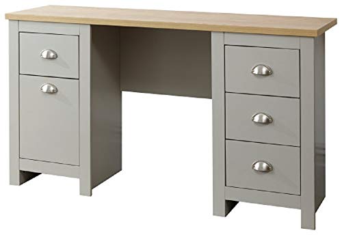 GFW Lancaster Grey and Oak Study Desk, Home Office Desk with 1 Door Cupboard and 4 Drawers, Country Style Computer Workstation