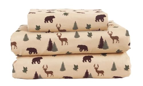 Beatrice Home Fashions Cozy Cabin 3-Piece Twin Microfiber Bedding Sheet Set with Deep Pockets Rustic Patchwork Plaid Deer, Brown Tan Green