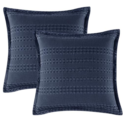 "PHF 100% Cotton Ruffle Waffle Weave Euro Sham Covers, 2 Pack 26"" x 26"" Bed Pillow Covers for Elegant Home Decor, No Filling, Luxury Aesthetic Euro Pillow Cases for Bed, Indigo"