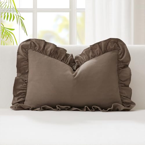 Kevin Textile 14x24 Inch Long Lumbar Pillow Cover 1 Pack 100% Cotton Lace Ruffles Scalloped Decorative Rectangle Cushion Case Soft Pillow for Bedding Couch Sofa, Khaki