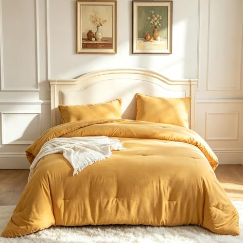 CLOTHKNOW Mustard Yellow Queen Comforter Set Yellow Bedding Comforter Sets Soft All Season Turmetric Comforter with 2 x Pillow Cases