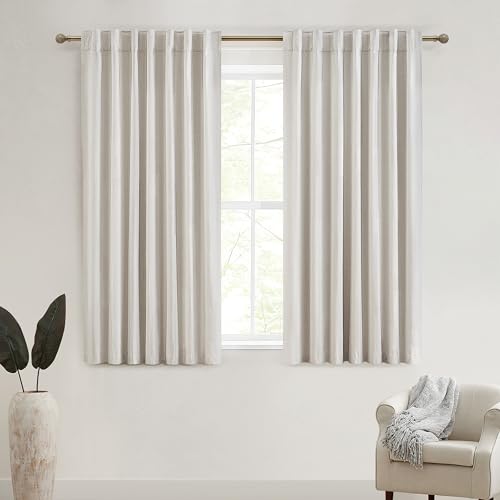 "Short Linen Blackout Curtains for Bedroom 48 Inches Length 2 Panels Set, Kitchen/Bathroom Curtain for 46 Inch Small Window, Heat Blocking Thermal Insulated, Hook Belt Pleated/Back Tab(50""Wx48""L)"
