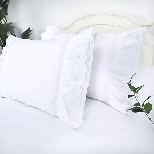 Eyelet Pillow Shams Lace Ruffled Standard White Shabby Chic Farmhouse Pillowcases Set of 2 Pretty Elegant Cotton Country French Cottage Embroidered Floral Victorian Crochet Trim 20x26