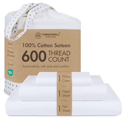 Threadmill Home Linen Twin-XL Sheets - 100% Natural Cotton 600 Thread Count, 3 Piece Sateen Weave Hotel White Sheet Set, Comfy ELS Combed Cotton, Solid Bedsheets with Elasticized Deep Pocket