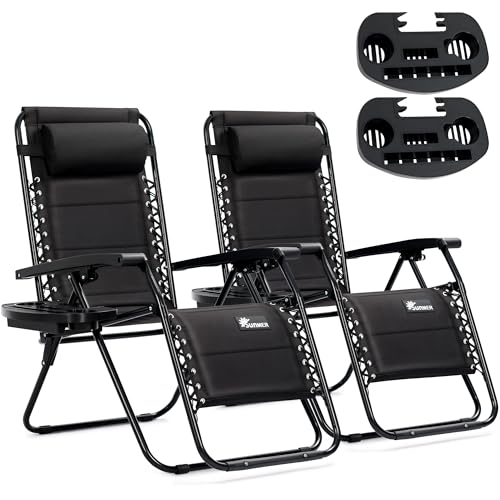 SUNMER Sun Lounger Padded Garden Chairs - Set of 2 Zero Gravity Chairs with Cup & Phone Holder, Adjustable Headrest & Pillow - 30Β° to 90Β° Folding Deck Recliner - Professional Outdoor Seating - Black