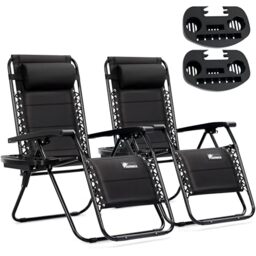 SUNMER Sun Lounger Padded Garden Chairs - Set of 2 Zero Gravity Chairs with Cup & Phone Holder, Adjustable Headrest & Pillow - 30° to 90° Folding Deck Recliner - Professional Outdoor Seating - Black