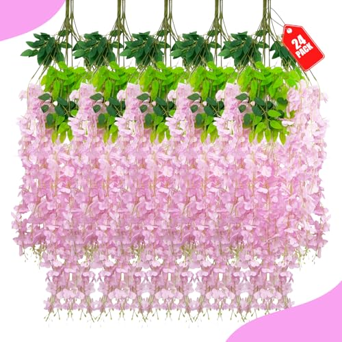 ZEBMOON 24 Pack Pink Wisteria Hanging Flowers, 3.4 Ft Fake Hanging Flowers, Artificial Wisteria Garland Vines for Wedding Room Backdrop Outdoor Patio Garden Decoration
