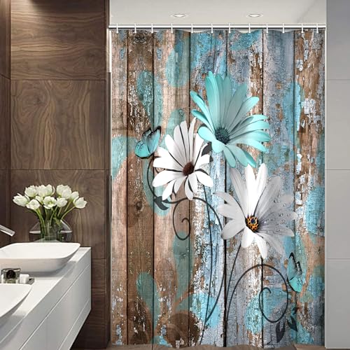 JAWO Farmhouse Flower Floral Shower Curtain, Rustic Teal Turquoise Daisy Shower Curtain Set, Country Blue Wild Garden Plant Fabric Shower Curtain with Hooks, Surreal Bathroom Curtain, 54x70inch