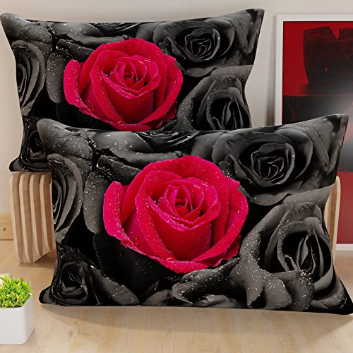 PETTI Artigiani Italiani - Pair of 40 x 70 cm Microfibre Pillows, Bedroom Furniture, Sofa, Living Room, Set of 2 Cushion Covers, Black Roses Pillowcase, 100% Made in Italy