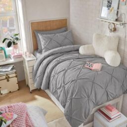 Maple&Stone Queen Comforter Set Gray Pinch Pleat 8 Pieces Bed in A Bag for All Season， Pintuck Comforter Set Gray Queen Size with Down Comforters, Sheets, Pillowcases & Shams (Grey, Twin XL)