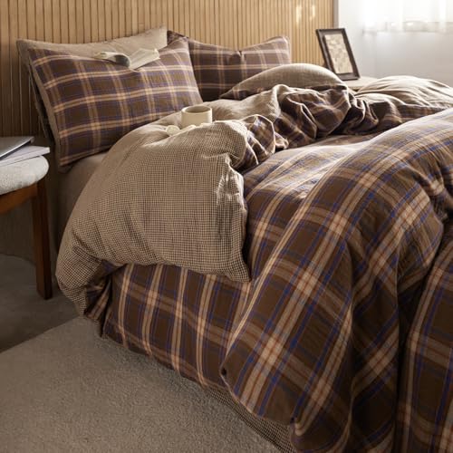 EAVD Blue Khaki Grid Plaid Duvet Cover Queen Soft 100% Muslin Cotton Gingham Grid Plaid Bedding Set with 2 Pillowcases Modern Reversible Geometric Duvet Cover with Zipper Closure