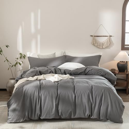 Warm Moment 100% Washed Cotton Duvet Cover Super Queen Size Dark Grey Bedding Set Cover 1 Duvet Cover with Zipper Closure and 2 Pillowcases, 98inch x 90inch