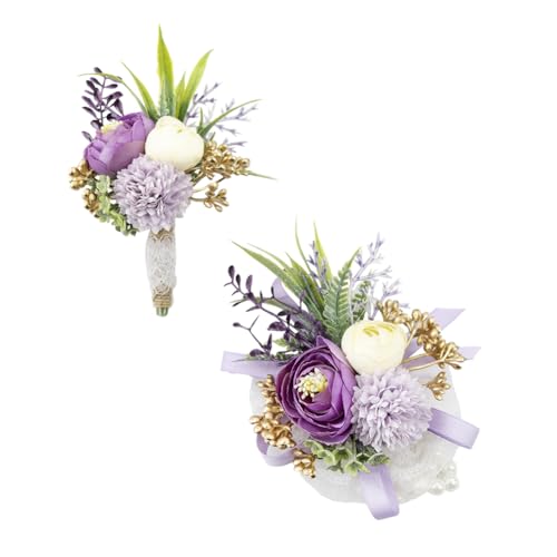 Ansofi Lilac Purple Corsage and Boutonniere Set Artificial Rose Flower - Wrist Corsage Wristlet and Boutonniere for Wedding Party Prom Decoration