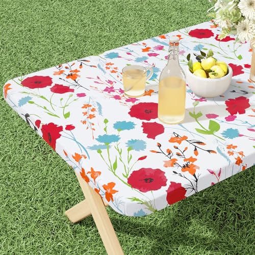 misaya Rectangle Vinyl Tablecloth, Fitted Table Cover, 100% Waterproof, Elastic Edge, Flannel Backing, Plastic Table Cloth Fit Folding Tables for Picnic, Camping, Outdoor (Flowers, 36x60 inch)