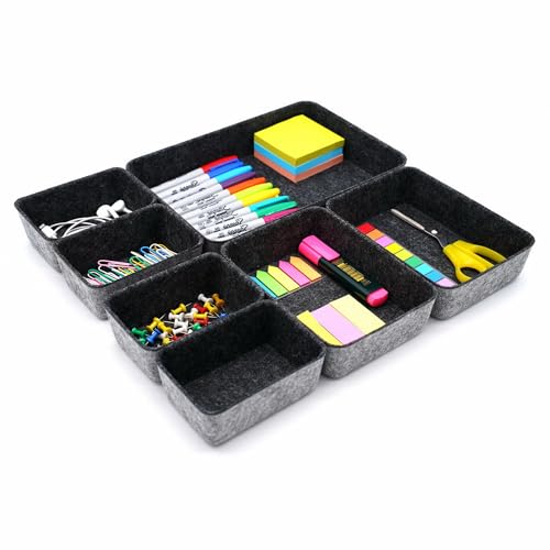 Welaxy Drawer organizers bins felt storage bin office organizer Shallow Small Desk organizer trays Draw dividers gifts idea set of 7 (Charcoal)