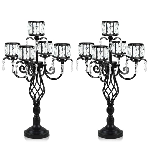 23.2 inch Tall Elegant and Chic Black 5 Arm Pendant Crystal Candlestick Holder Table Decoration tealight Candle Holder, Candelabra for Gorgeous Wedding/Parties Table Centerpiece (2, Black)