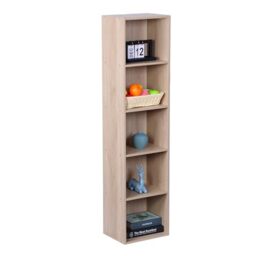 Relaxdays bookshelf, HxWxD: 132 x 32 x 24 cm, 5 compartments, cube shelf, open freestanding unit for living room, oak