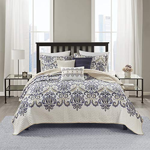 "Madison Park Quilt Traditional Damask Design All Season, Lightweight Coverlet Bedspread Bedding Set, Matching Shams, Pillows, King/Cal King(104""x94""), Navy/White 6 Piece"
