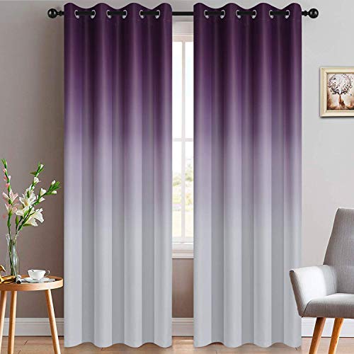 Yakamok Room Darkening Ombre Curtains, Light Blocking Gradient Color Grommet Window Drapes for Bedroom (Purple and Greyish White, 52x96 Inch, Set of 2)