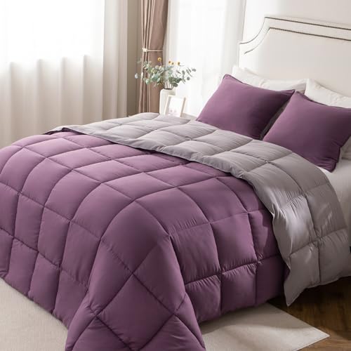 KASENTEX Ultra-Soft Purple Comforter Set - Hypoallergenic Bedding Duvets Includes Matching Pillow Sham for Year-Round All Season Comfort, Queen, Grape Jam/Gull