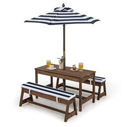 GYMAX Kids Picnic Table, Wooden Toddler Garden Table and Benches Set (Blue)