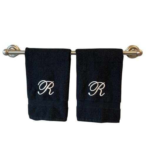 Decorvo Black Monogrammed Hand Towels for Bathroom - Luxury Hotel Quality Personalized Initial Embroidered Towel for Powder Room, Spa - GOTS Organic Certified - Set of 2 White Letter R