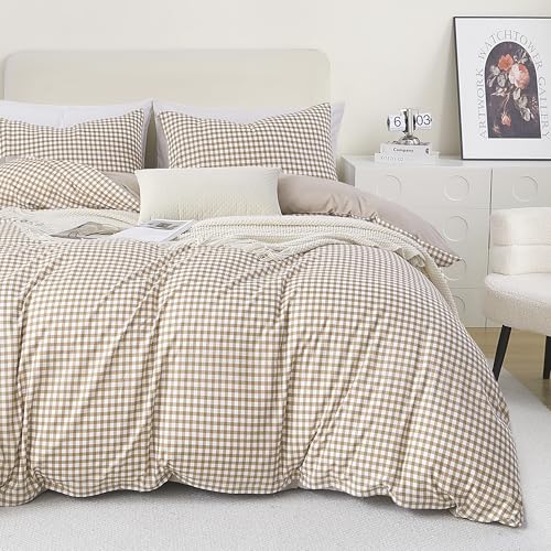 "Oli Anderson Queen Comforter Set, 3 PCS Tan Gingham Bedding Comforter, Reversible Lightweight Fluffy Checkered Bedding Set with 2 Pillowcases for All Seasons - 90"" x 90"""