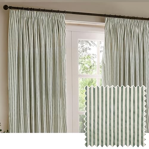 Yard Hebden Pencil Pleat Curtain Pair – Ultra Soft Cotton Lined Striped Curtains (Forest - 229x183cm)